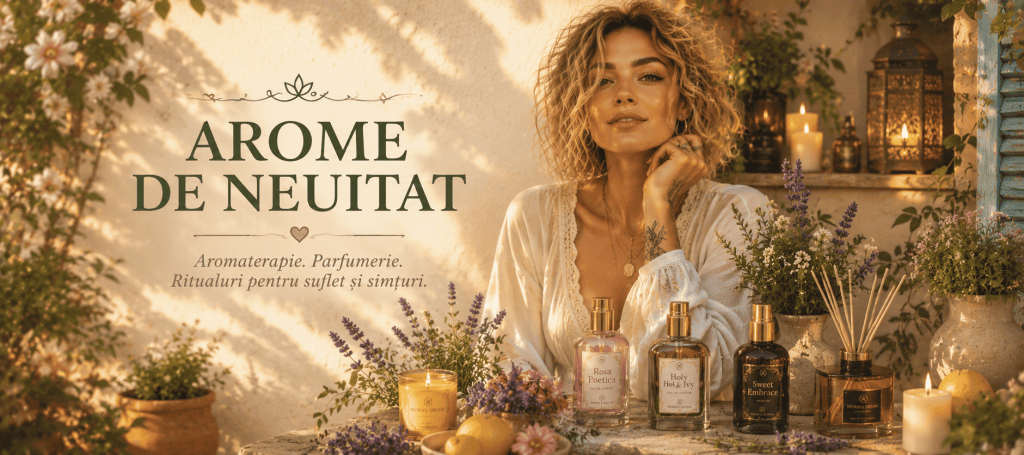 O femeie cu păr ondulat stă într-un decor natural, înconjurată de plante și lumânări, promovând arome de neuitat pentru aromaterapie și parfumuri.