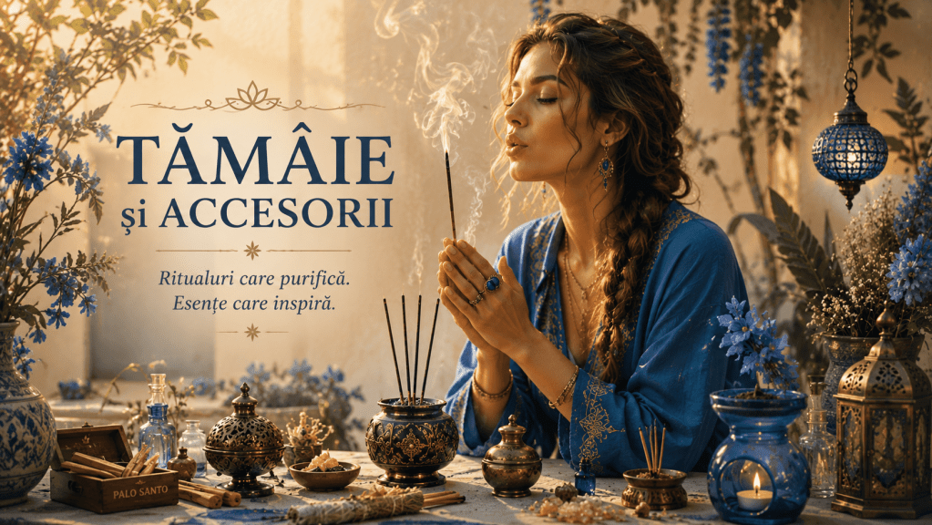 Femeie meditando cu tămâie, îmbrăcată într-o rochie albastră, într-un decor bogat cu flori și accesorii decorative.