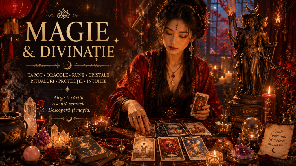 O femeie îmbrăcată în roșu, având accesorii magice, stă la o masă plină cu cărți de tarot, cristale și lumânări, înconjurată de o atmosferă mistică.