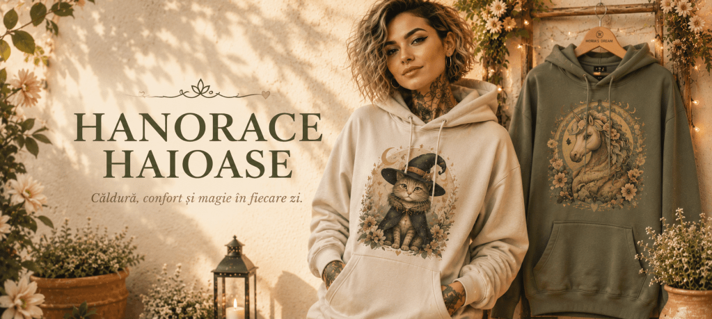 Un model de hanorac cu un motan vrăjitor pe un fundal floral, alături de un alt hanorac cu un unicorn.