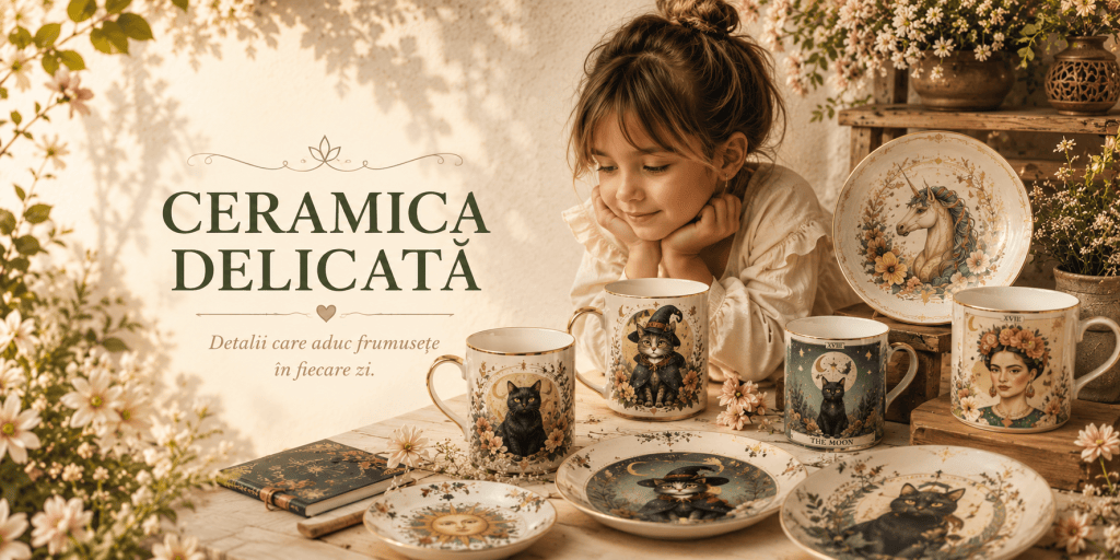 Fată zâmbitoare admirând ceramică delicată, cu desene de animale și flori, pe o masă decorată, înconjurată de plante.