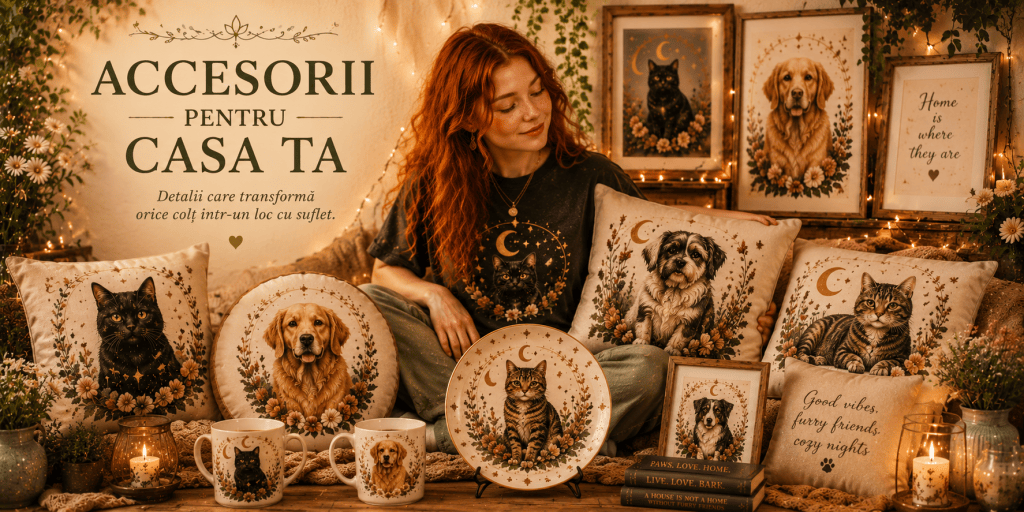 O femeie stând într-un spațiu decorat cu accesorii pentru casă, inclusiv perne, farfurii și căni cu imagini de animale. Pe fundal, există rame cu tablouri ce ilustrează câini și pisici, toate accentuate de elemente florale.