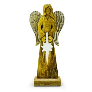 Înger Mare al Păcii din Lemn de Mango – Aripi Metalice și Detalii din Smalț – 30 cm