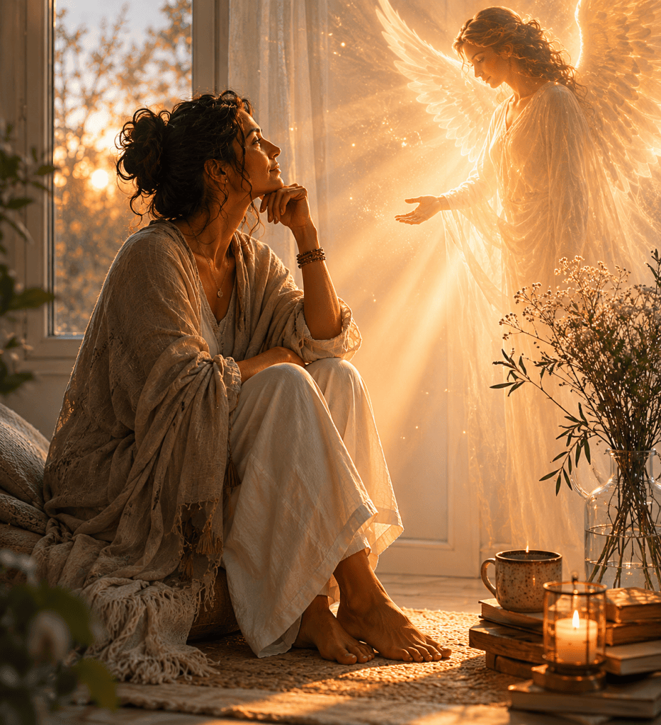 O femeie așezată în îmbrăcăminte lejeră, contemplând cu admirație o entitate angelică strălucitoare într-o cameră luminoasă, cu lumânări și flori în apropiere.