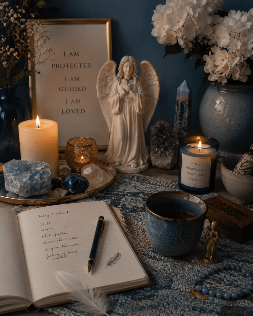 Un aranjament de obiecte spirituale, inclusiv o statuie de înger, lumânări aprinse, cristale, o carte de notițe cu observații personale și o ceașcă de ceai, pe un fundal cu un covor textil decorat.