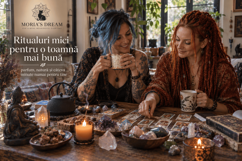 Două femei la o masă plină cu cristale, lumânări și cărți de tarot, savurând ceai, în cadrul unei atmosfere relaxante.